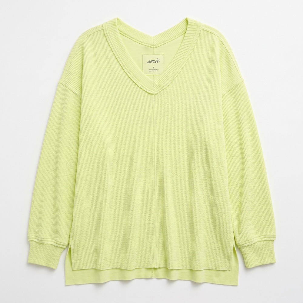 Aerie L Womens Neon Lime Green V-Neck Waffle Knit Pullover Athleisure Cozy
